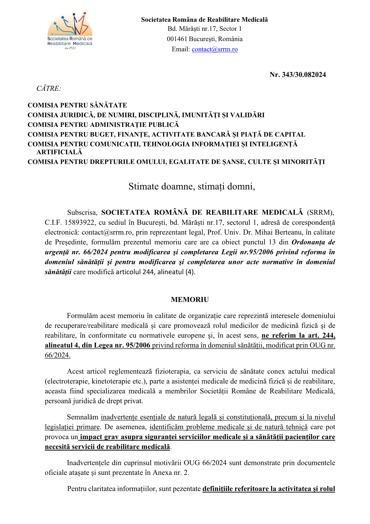 Memoriul elaborat de un grup de medici de Medicină Fizică și de Reabilitare